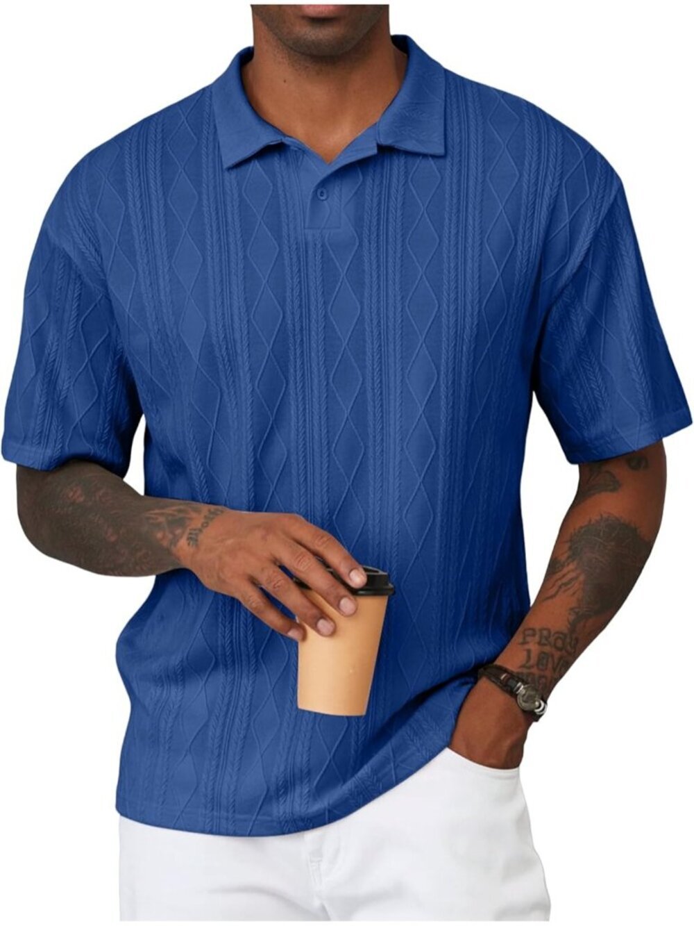 Men's Blue Knit Short Sleeve Casual Golf Beach Button Summer Textured Polo Shirt